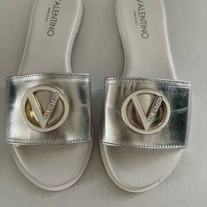 Valentino Women's Metallic Silver Sandals with Gold Logo